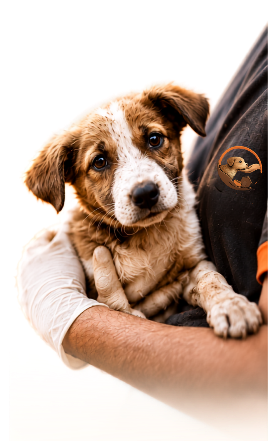 Volunteer holding a rescued stray puppy at Jeev Sahara Foundation shelter
